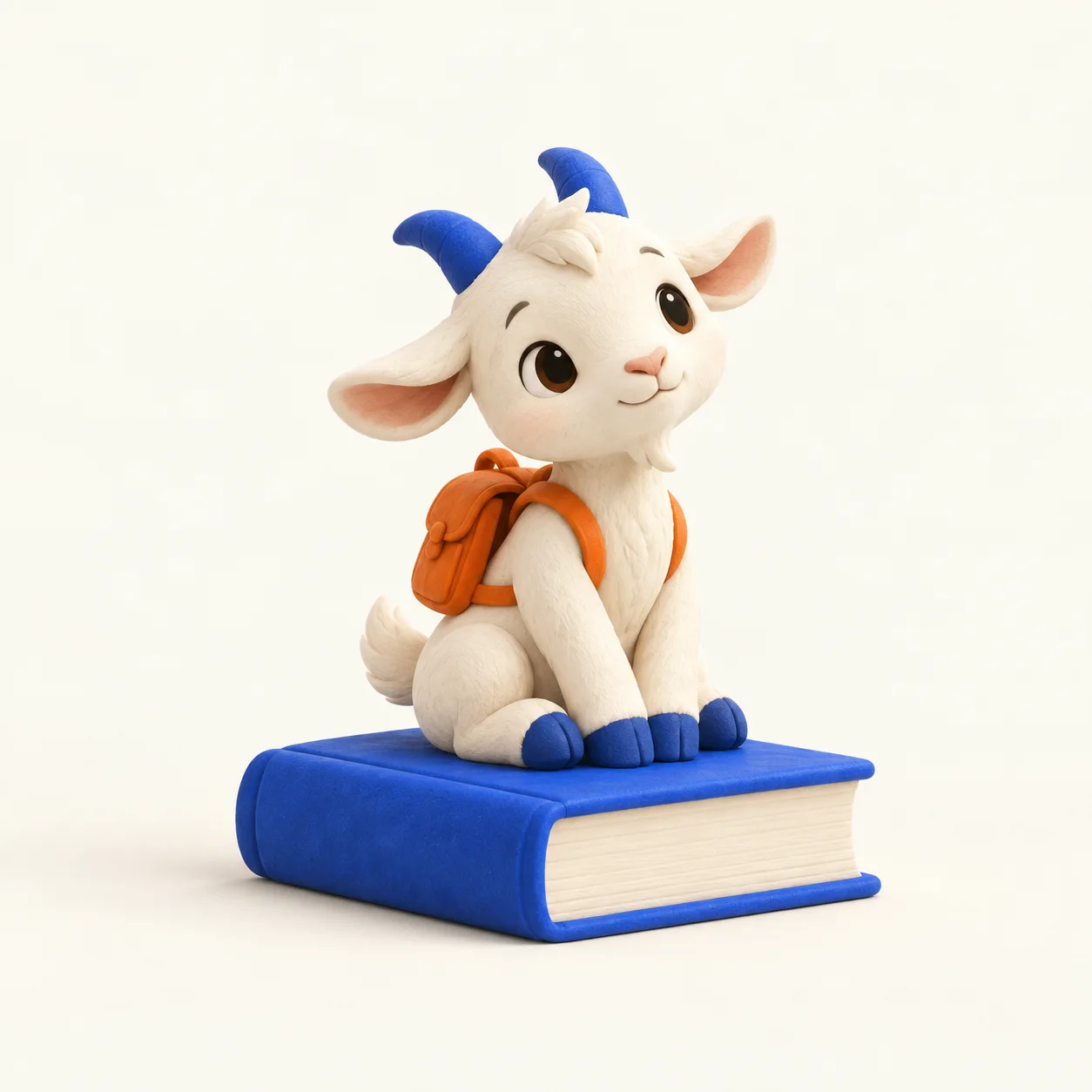 The curious GOAT Thunai mascot sitting on a book with an orange backpack